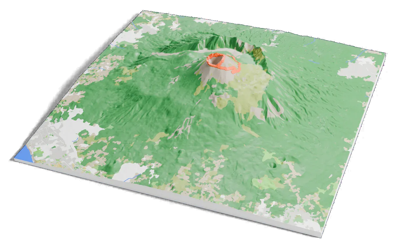 3D printed relief map of Mount Vesuvius with the Gran Cono path as an orange line on the terrain.