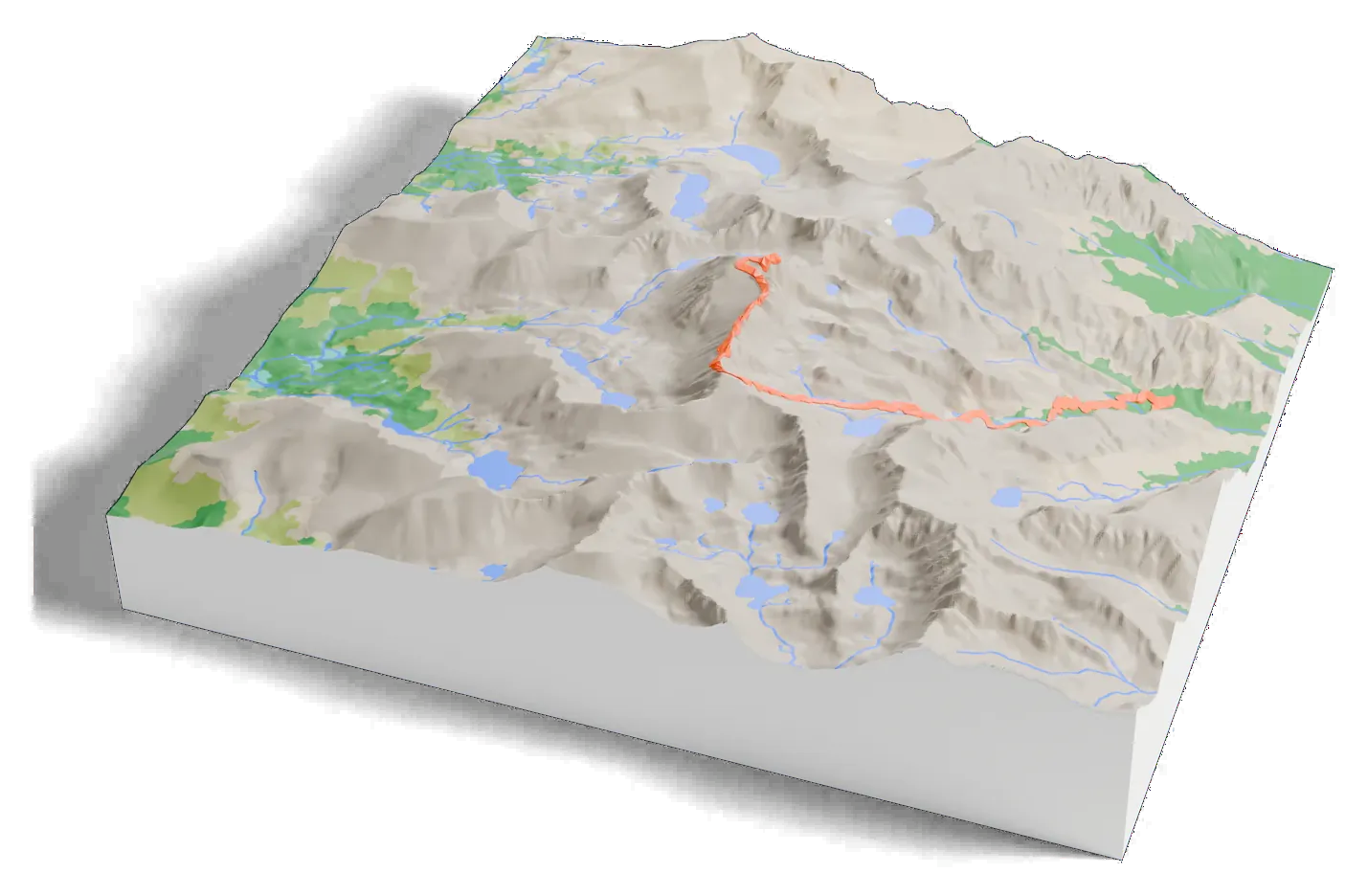 3D printed relief map of Mount Whitney with the Mount Whitney Trail as an orange line on the terrain.