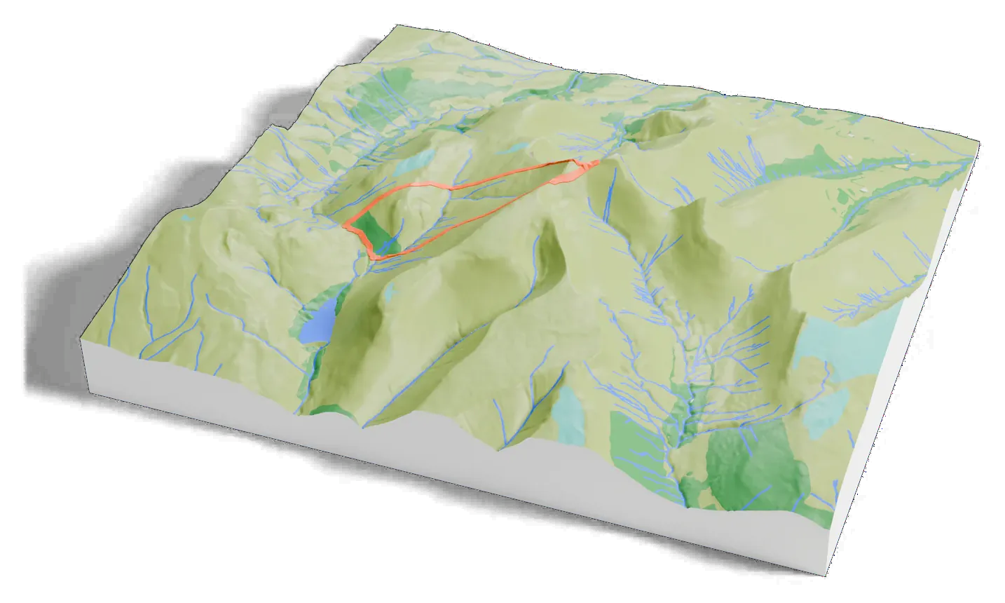 3D printed relief map of Pen y Fan with the Pen y Fan and Corn Du circular walk as an orange line on the terrain.