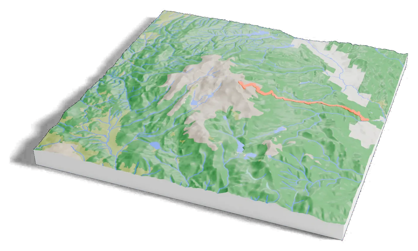 3D printed relief map of Pikes Peak with the Barr Trail as an orange line on the terrain.