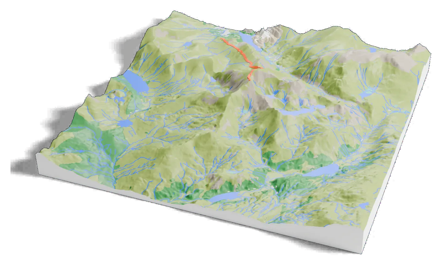 3D printed relief map of Snowdon with the Llanberis Path as an orange line on the terrain.