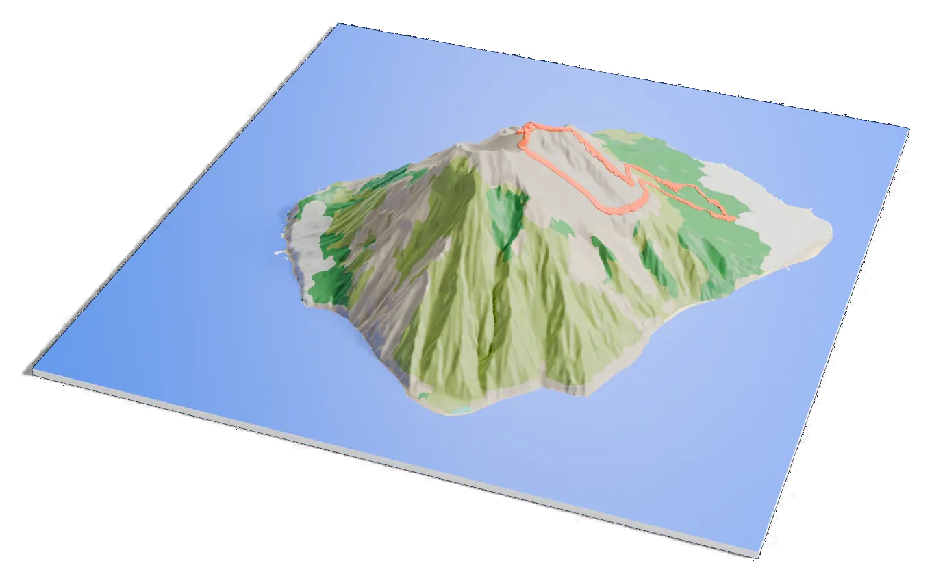 3D printed relief map of Stromboli with the Stromboli Volcano trail as an orange line on the terrain.