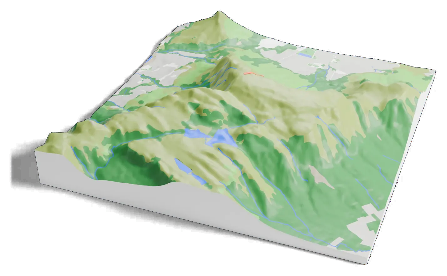 3D printed relief map of Table Mountain with the Platteklip Gorge route as an orange line on the terrain.