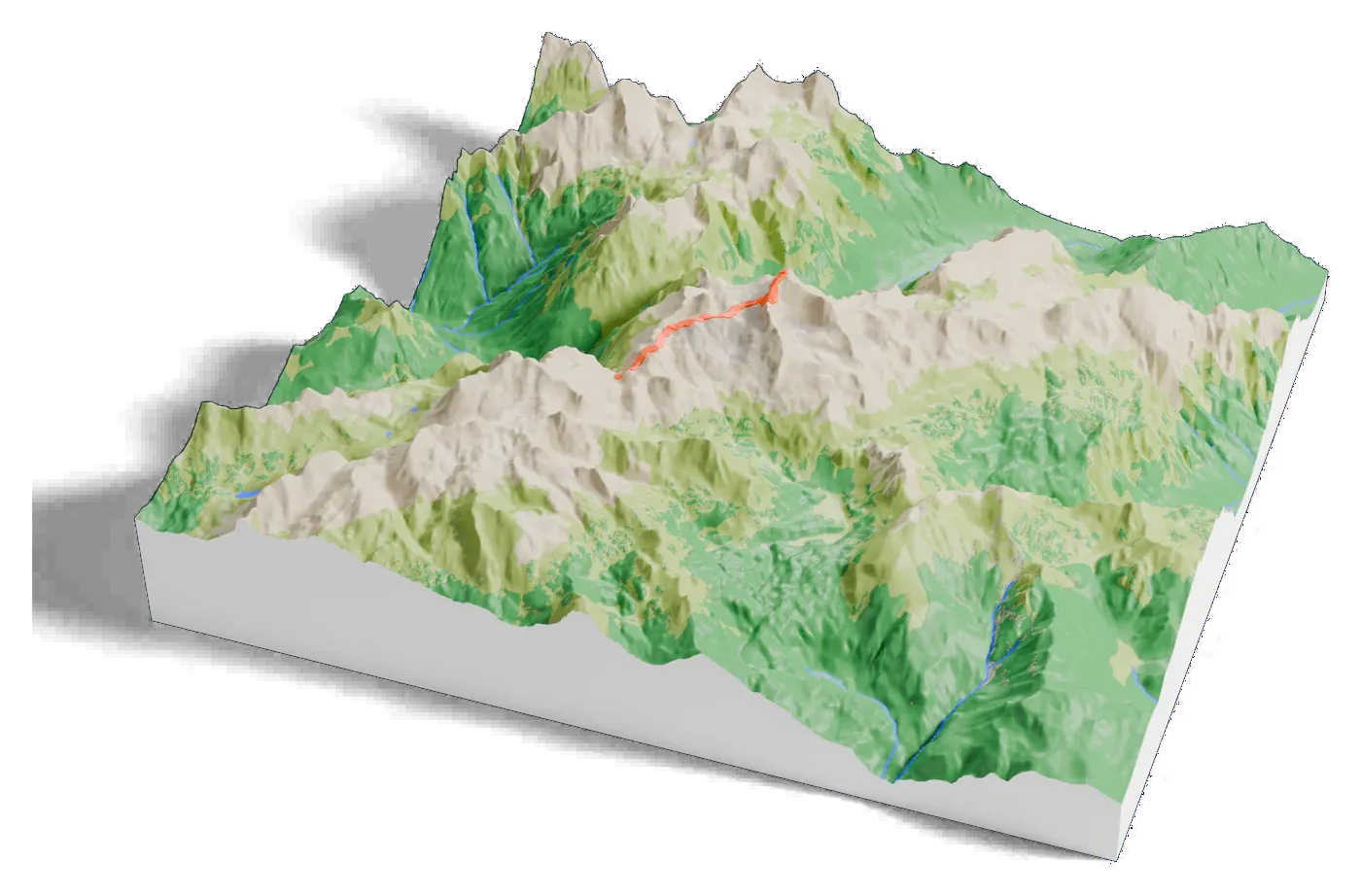 3D printed relief map of Triglav with the Dolič–Triglav route as an orange line on the terrain.