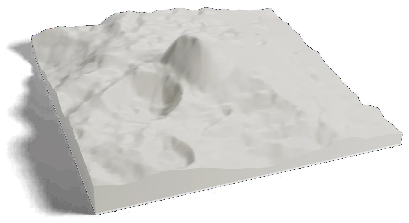 3D printed relief map of Ahuna Mons on Ceres, a single steep mountain rising from cratered plains.