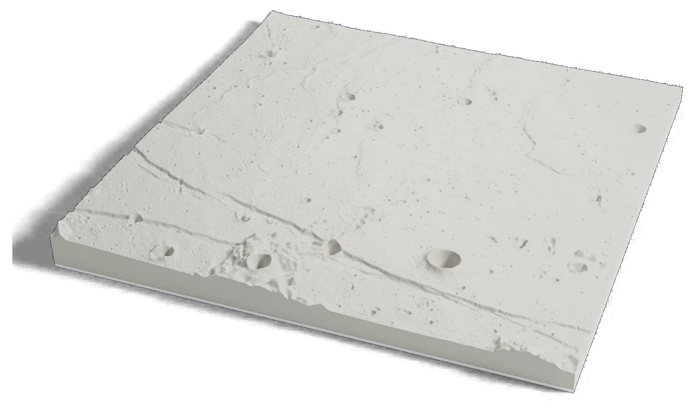 3D printed relief map of the Apollo 11 landing area on the Moon, a smooth plain with low ridges and small craters.