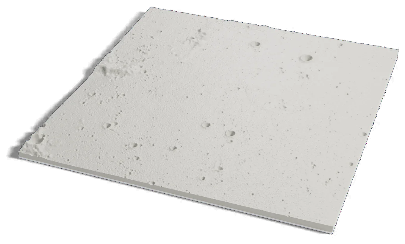 3D printed relief map of the Apollo 12 landing area on the Moon, a gently rolling plain with small craters.