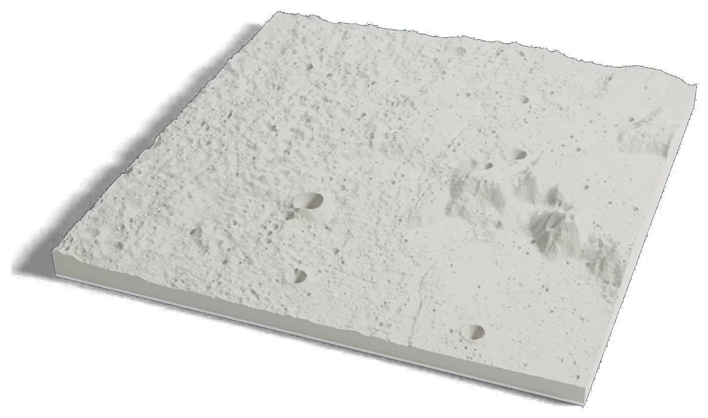 3D printed relief map of the Apollo 14 landing area at Fra Mauro on the Moon, with a low ridge and the rim of an old crater.