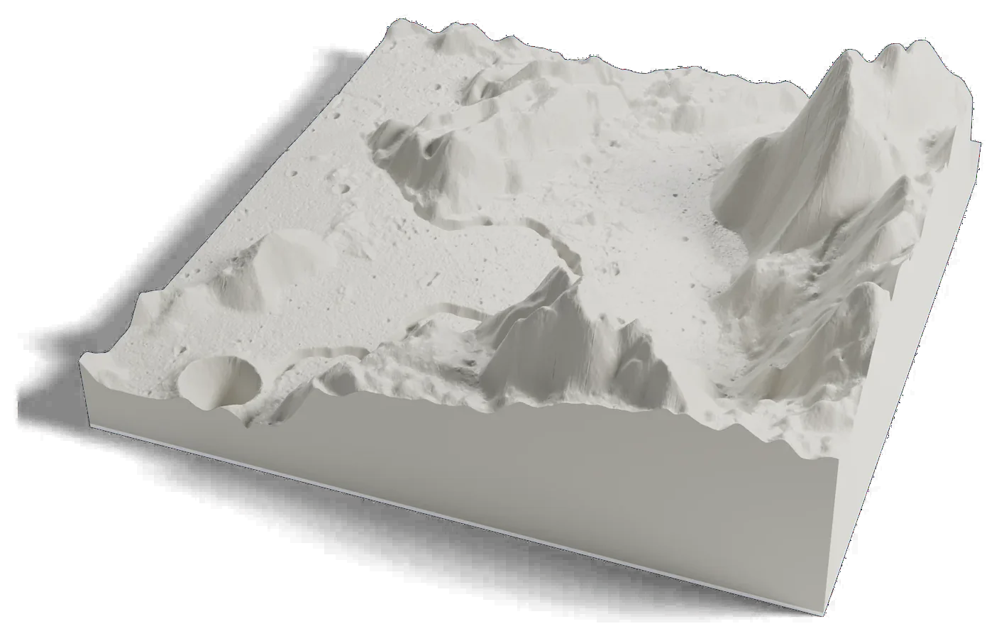 3D printed relief map of the Apollo 15 landing area on the Moon, with tall mountains beside a winding valley.