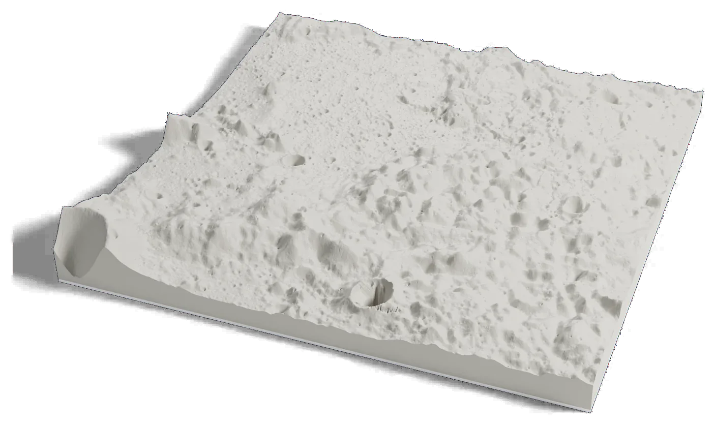 3D printed relief map of the Apollo 16 landing area in the Descartes Highlands of the Moon, a plain between rounded hills.