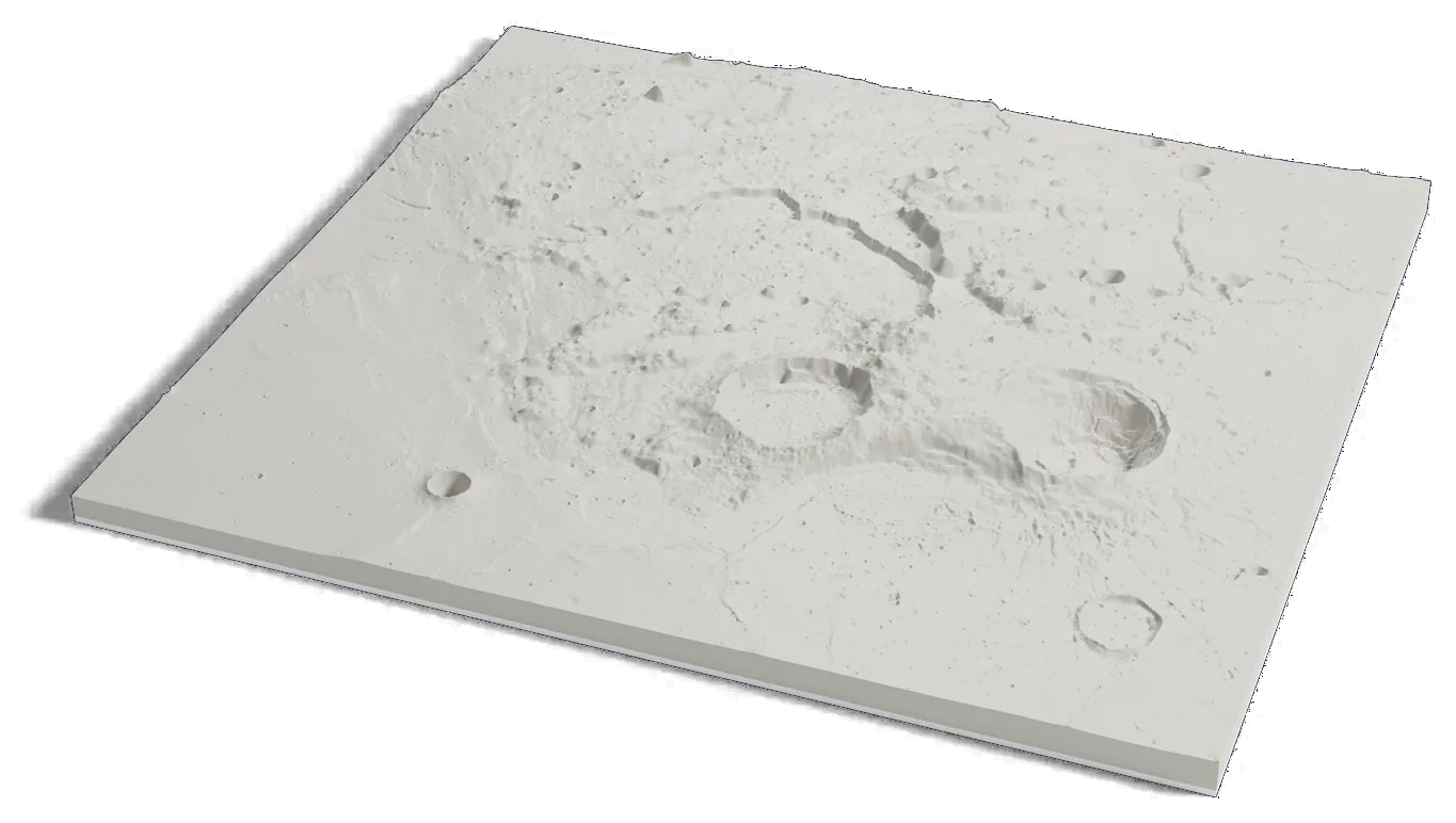 3D printed relief map of Aristarchus crater and Vallis Schröteri on the Moon, a deep crater beside a winding valley on a raised plateau.
