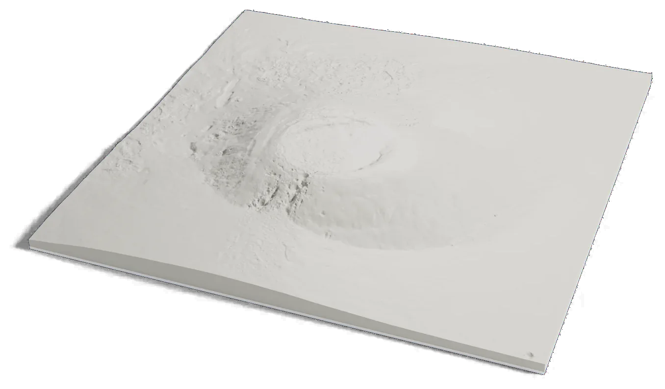 3D printed relief map of Arsia Mons on Mars, a broad shield volcano with a wide collapsed crater at its summit.