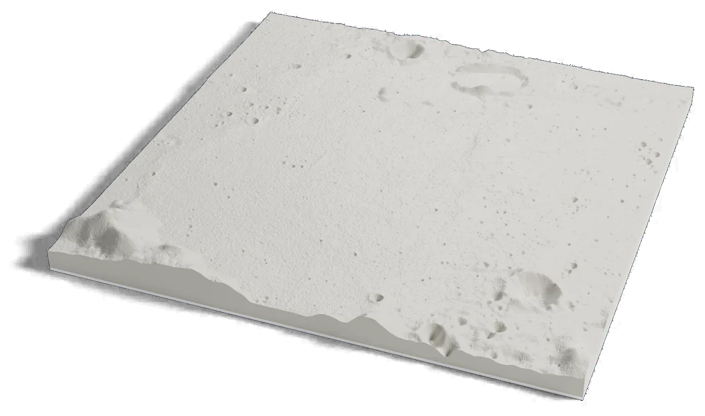 3D printed relief map of the Chang'e 6 landing area on the far side of the Moon, a plain with craters at the edge of a basin.