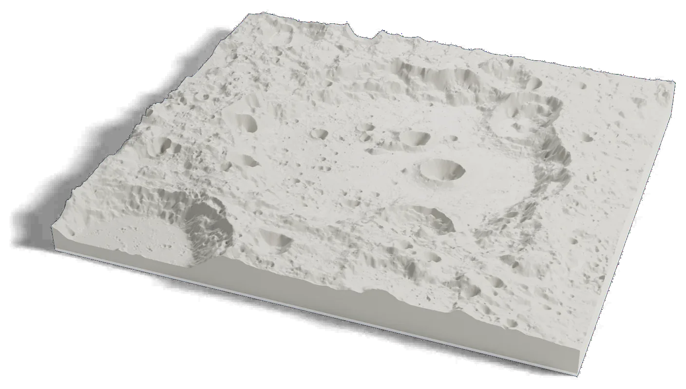 3D printed relief map of Clavius crater on the Moon, a huge worn crater with a curving chain of smaller craters on its floor.