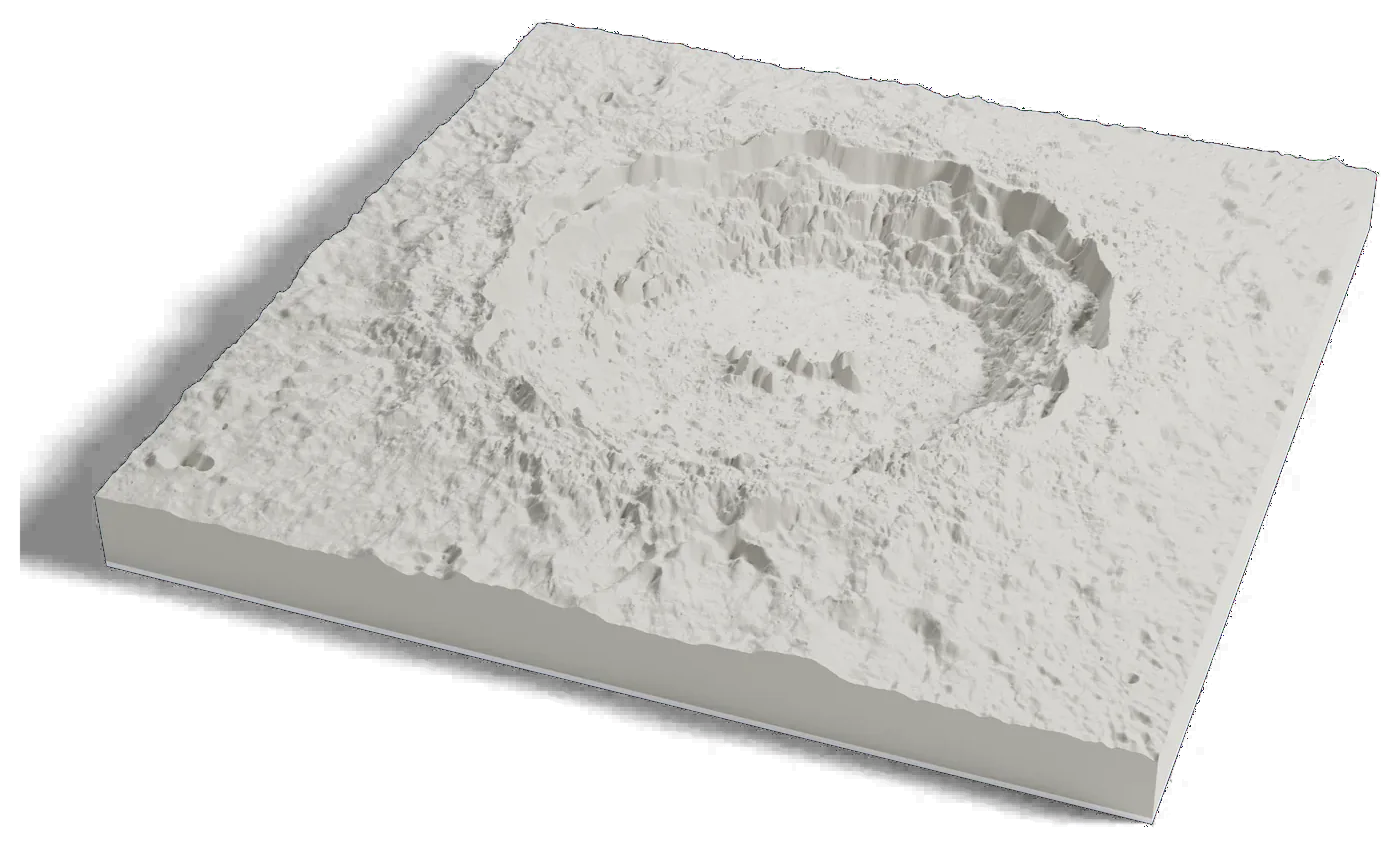 3D printed relief map of Copernicus crater on the Moon, with terraced crater walls and central peaks.