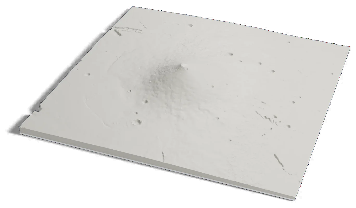 3D printed relief map of Elysium Mons on Mars, a large volcano rising from flat plains.