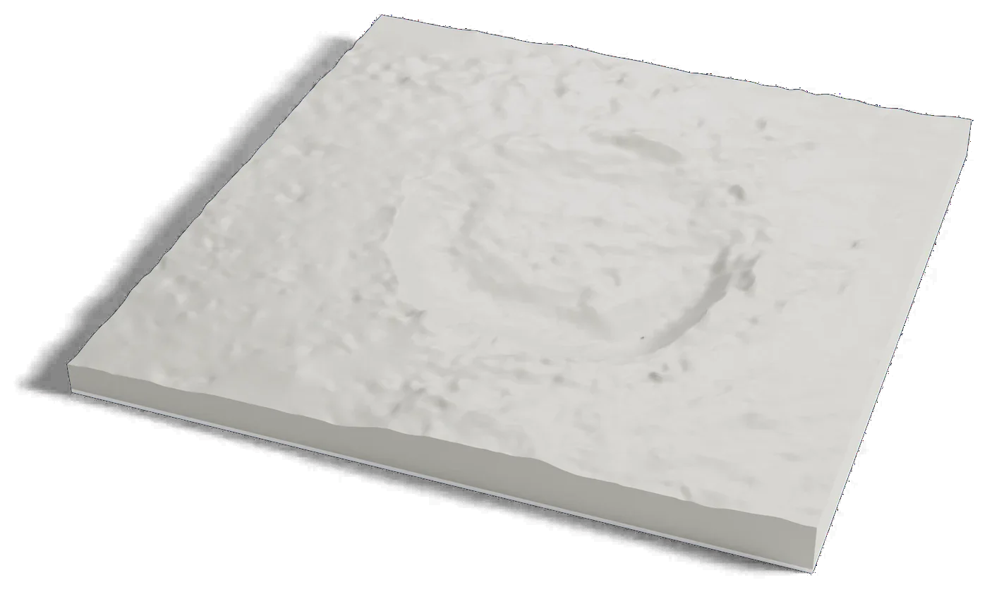 3D printed relief map of Endeavour crater on Mars, a shallow crater with a broken, worn rim.