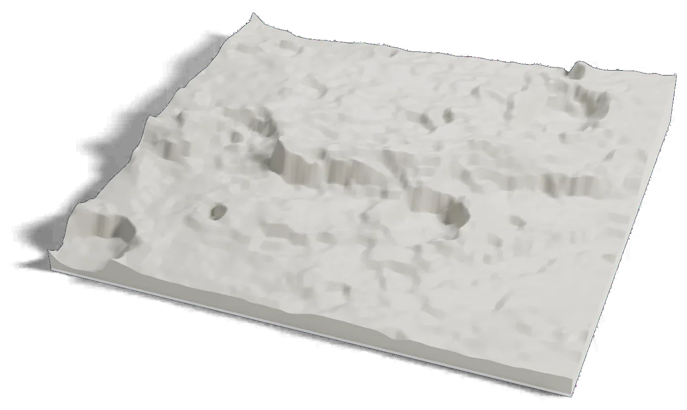 3D printed relief map of Enterprise Rupes on Mercury, a long steep cliff crossing cratered ground.