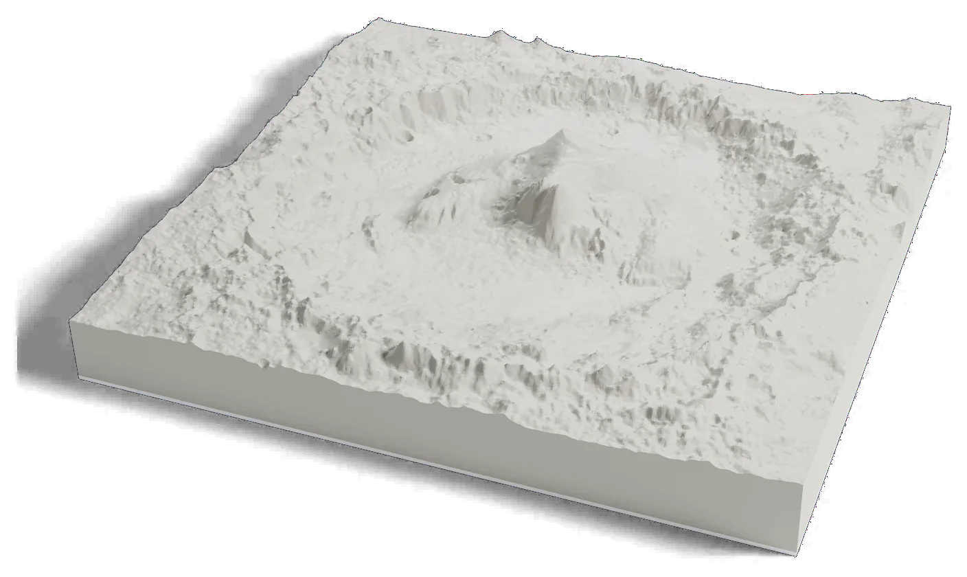 3D printed relief map of Gale crater on Mars, a wide crater with the tall mound of Mount Sharp in its middle.