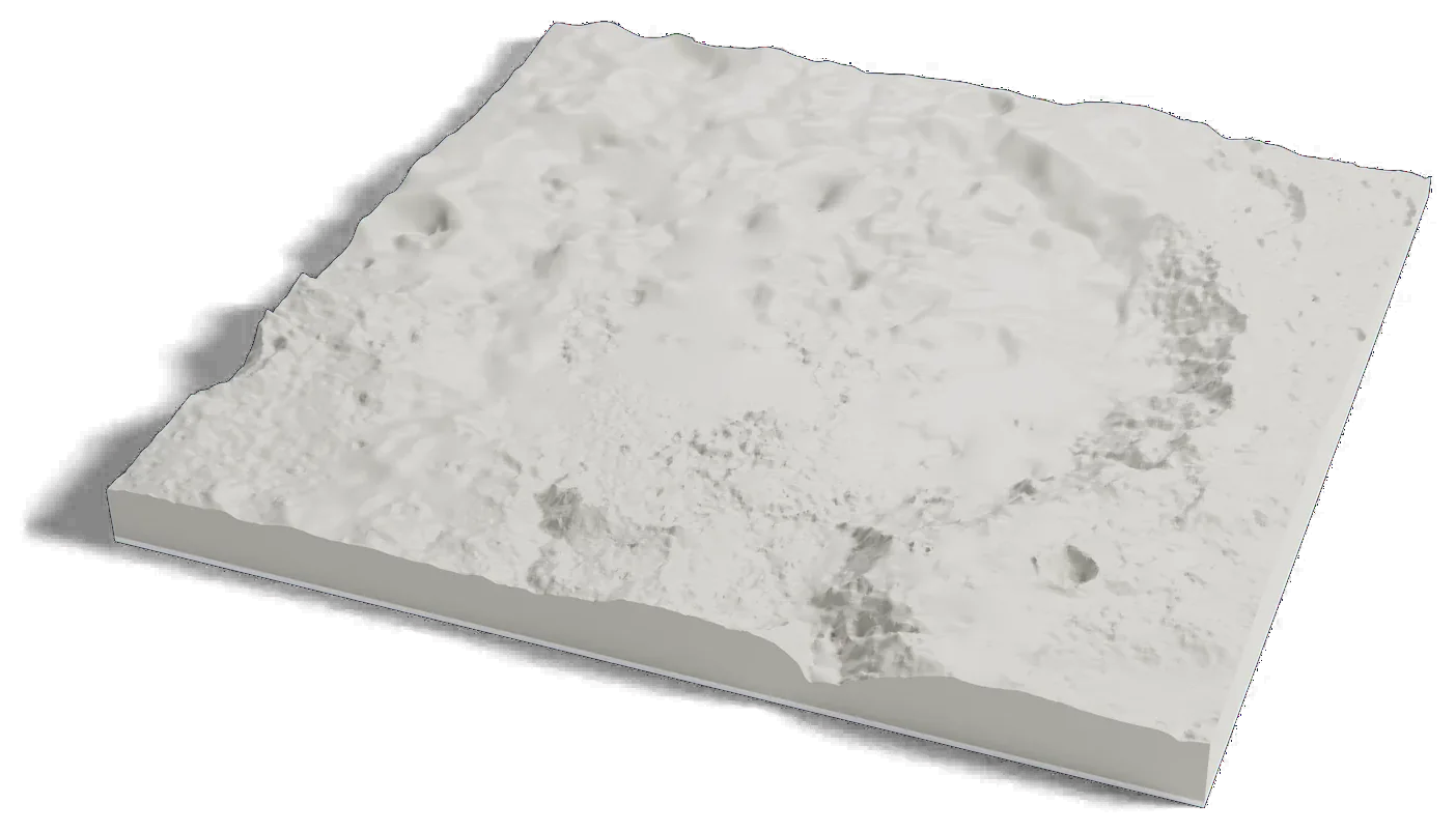 3D printed relief map of Gusev crater on Mars, a wide flat-floored crater with a valley cutting its southern rim.