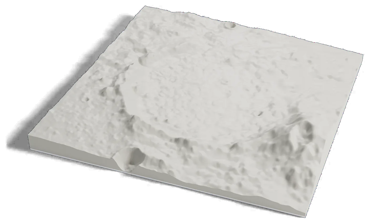 3D printed relief map of Jezero crater on Mars, a round crater with a raised rim on a rough plain.