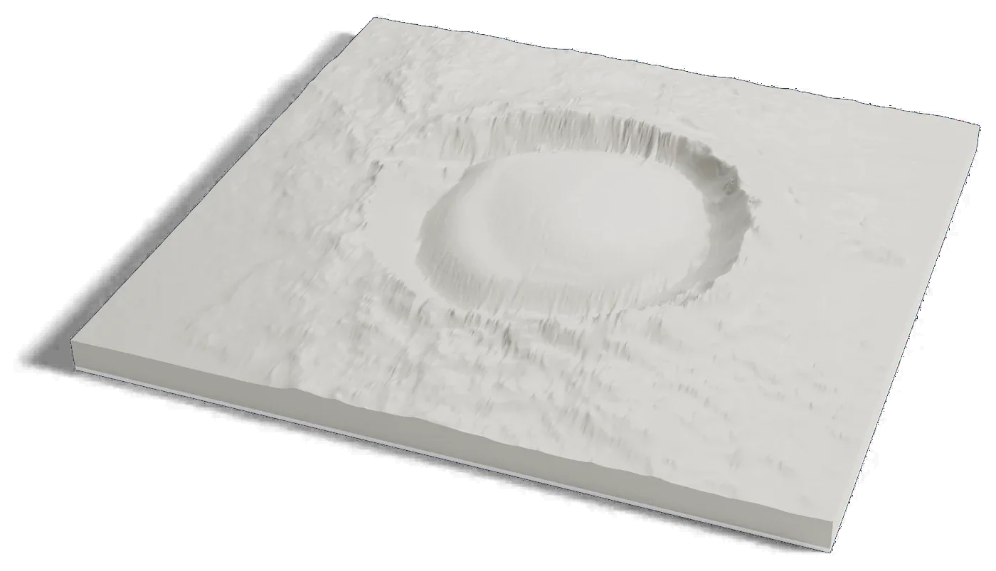 3D printed relief map of Korolev crater on Mars, a round crater with a raised rim filled by a broad mound.