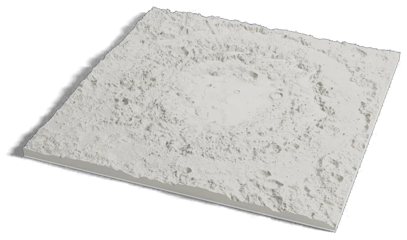 3D printed relief map of Mare Orientale on the Moon, a round basin ringed by circles of mountains like a bullseye.
