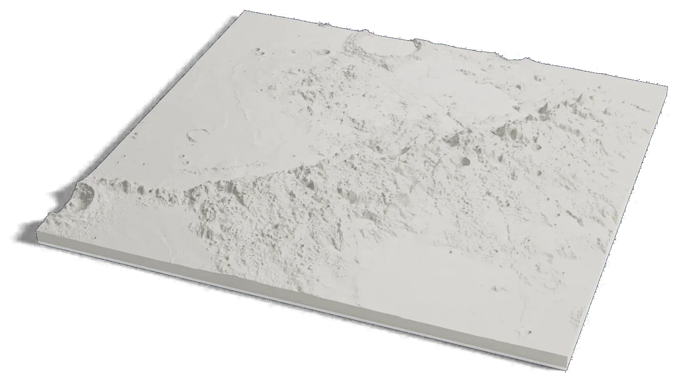 3D printed relief map of the Apennine Mountains on the Moon, a long curving range of peaks beside a flat plain.