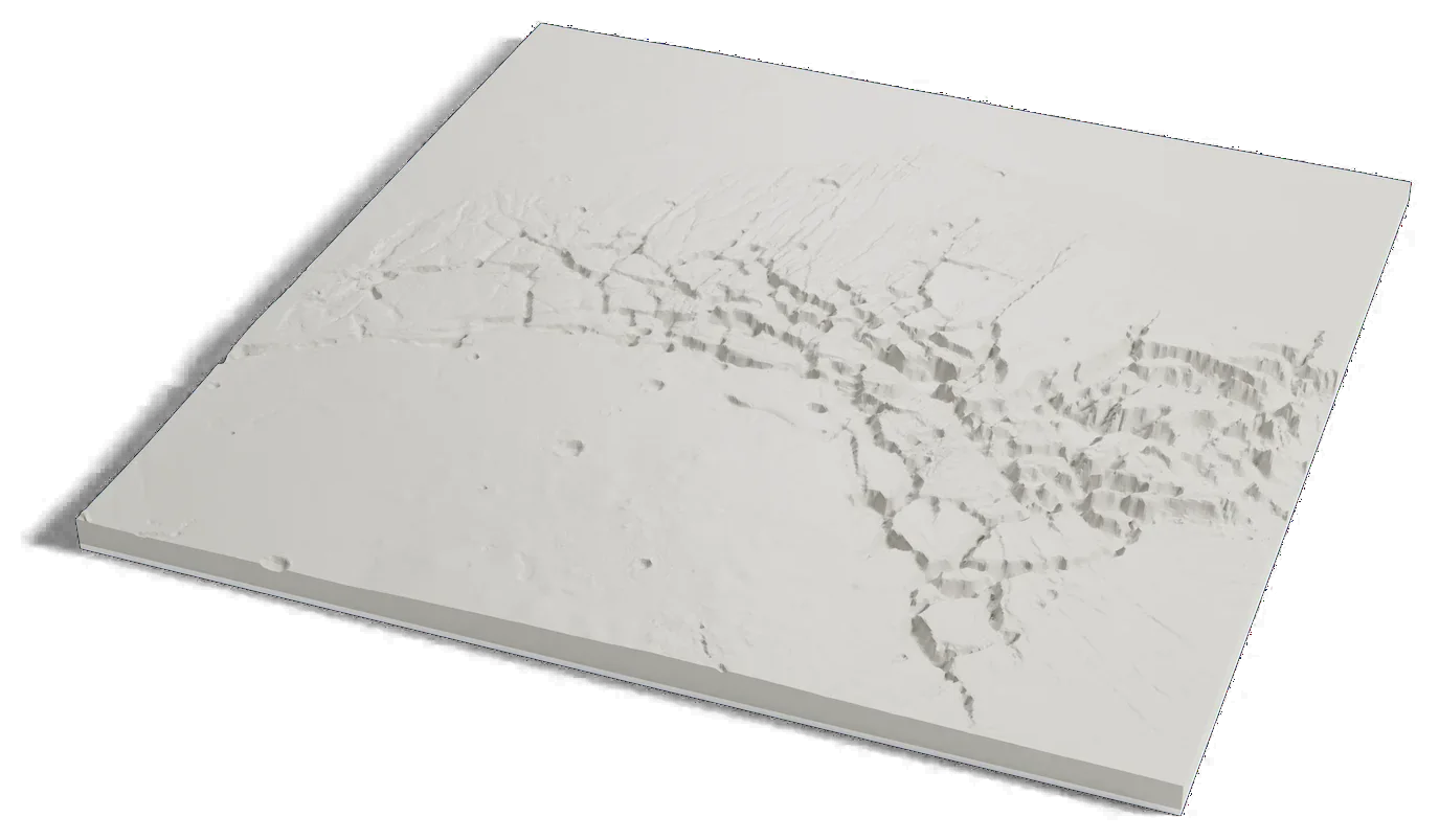 3D printed relief map of Noctis Labyrinthus on Mars, a high plateau cut by a maze of crossing canyons.