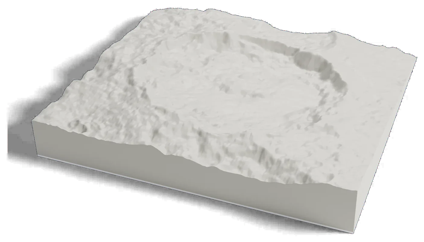 3D printed relief map of Occator crater on Ceres, a large crater with steep walls and a rough floor.