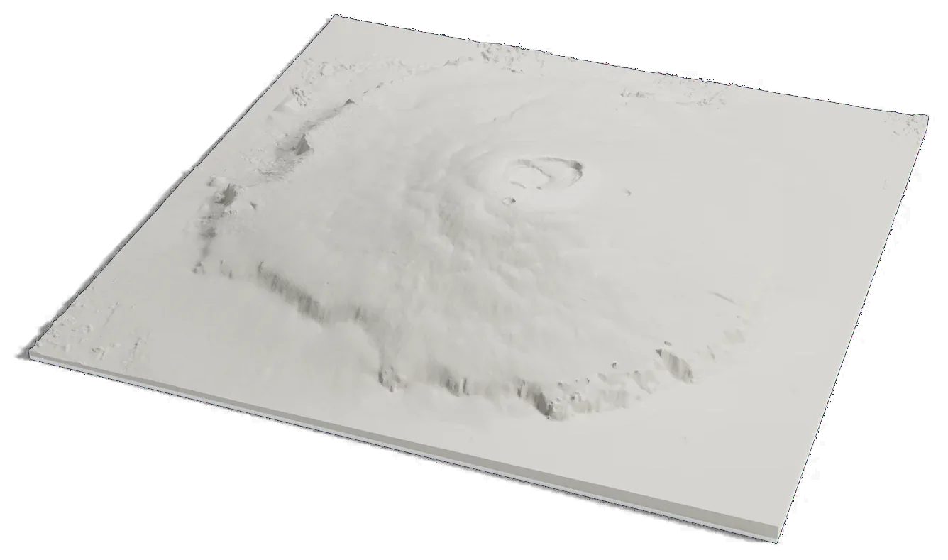 3D printed relief map of Olympus Mons on Mars, a broad shield volcano with a summit caldera and steep cliffs around its base.