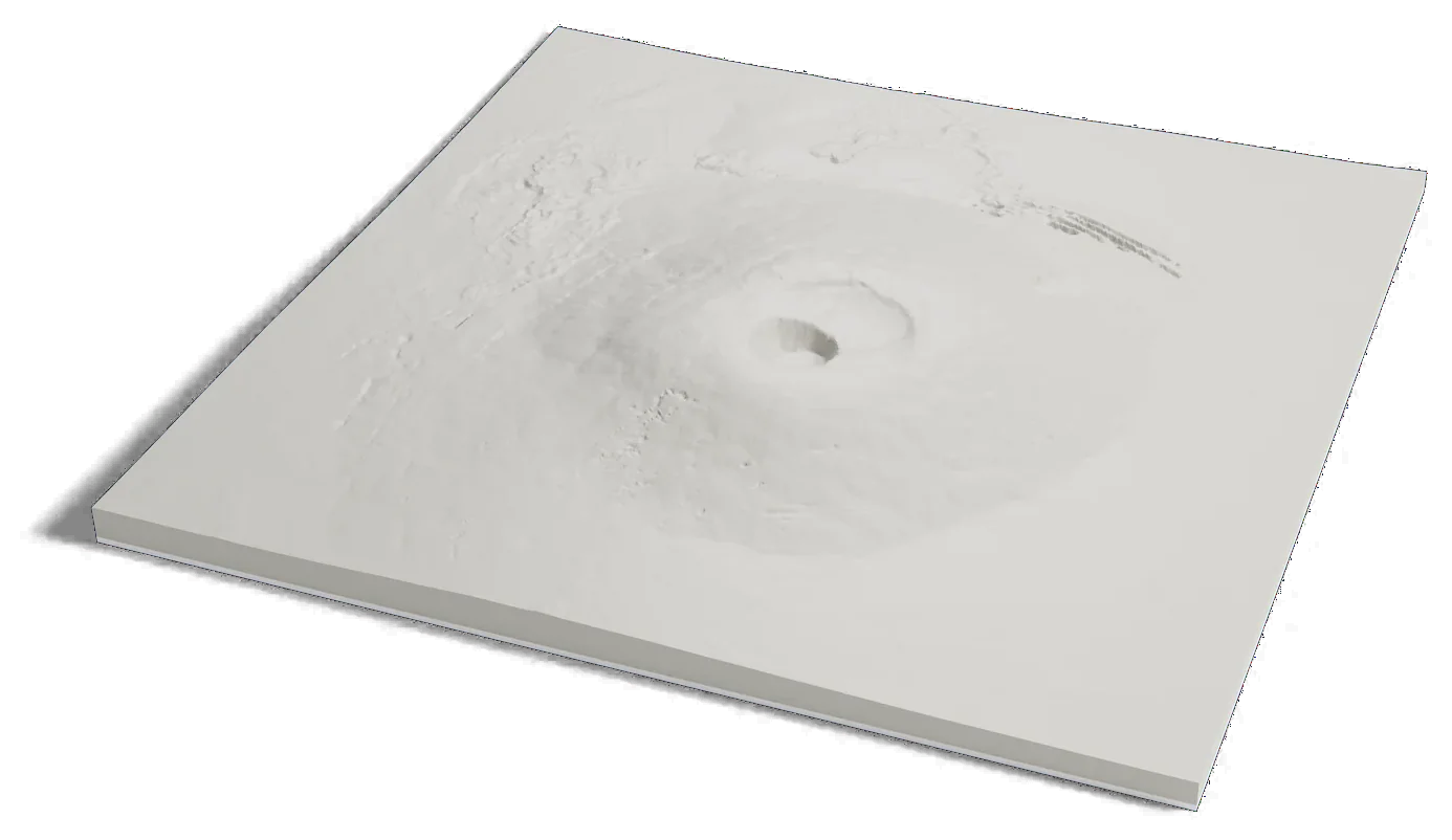3D printed relief map of Pavonis Mons on Mars, a broad, gently sloping shield volcano.