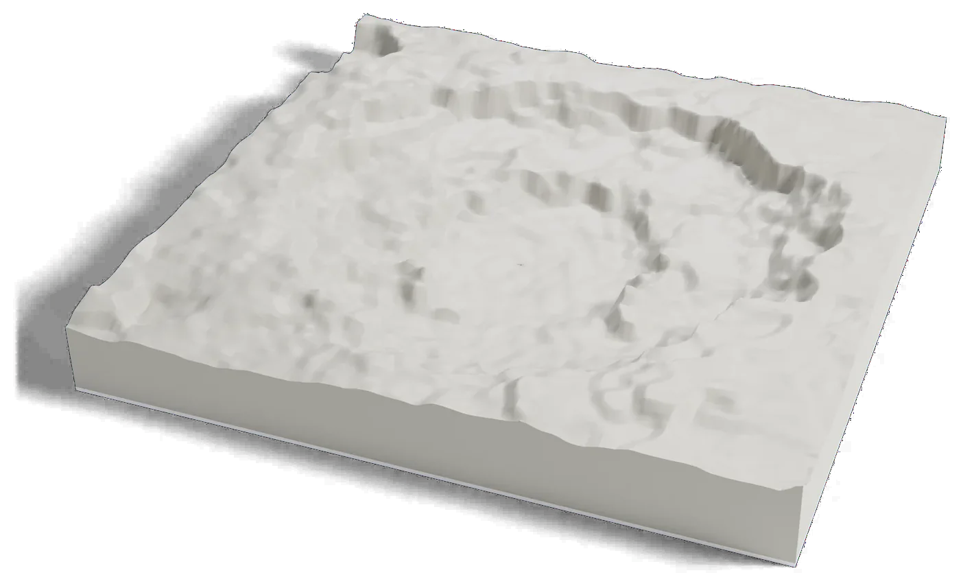 3D printed relief map of Rachmaninoff basin on Mercury, a wide basin with a raised rim and an inner ring.