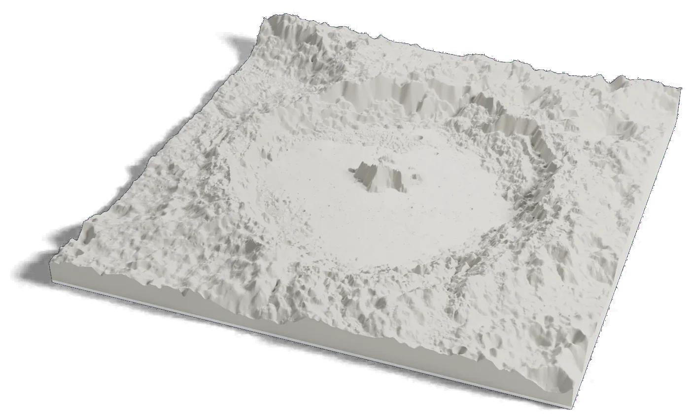 3D printed relief map of Tsiolkovskiy crater on the far side of the Moon, a large crater with a flat floor and a tall central peak.