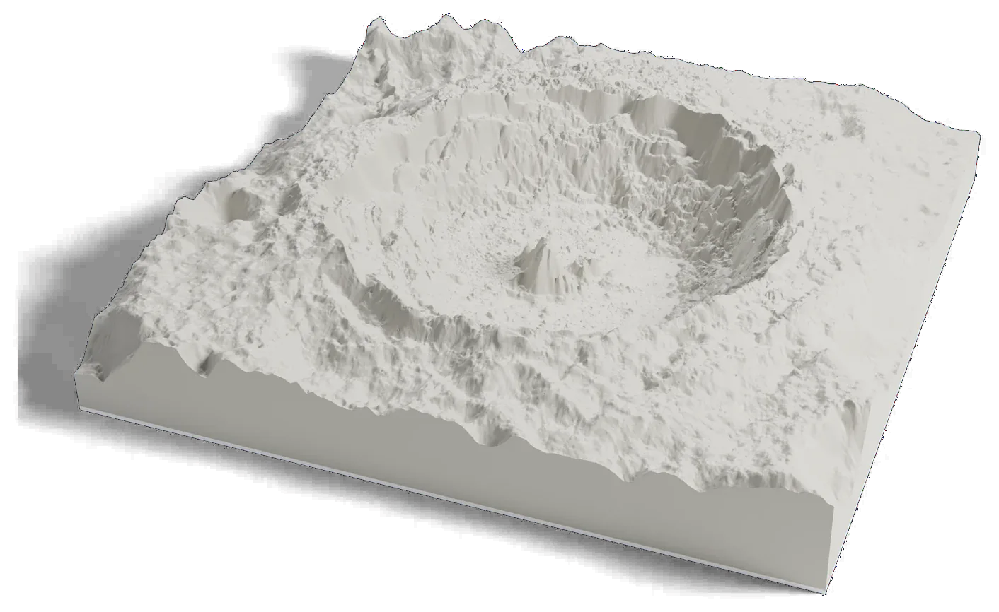 3D printed relief map of Tycho crater on the Moon, a deep crater with terraced walls and a central peak.