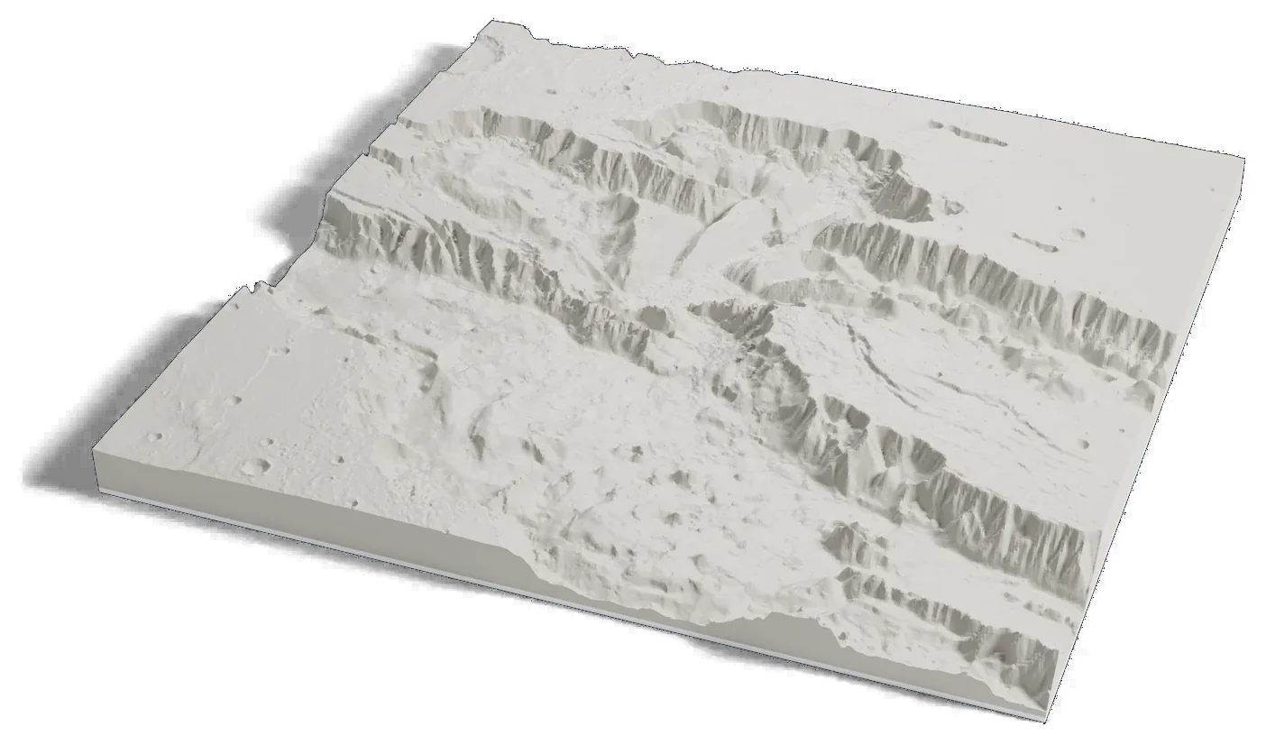 3D printed relief map of the central Valles Marineris on Mars, with deep linked canyons cut into a high plain.