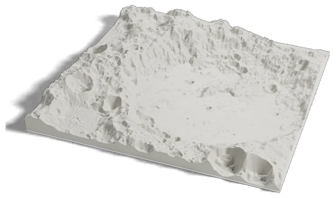 3D printed relief map of Von Kármán crater on the far side of the Moon, a wide flat-floored crater among other craters.
