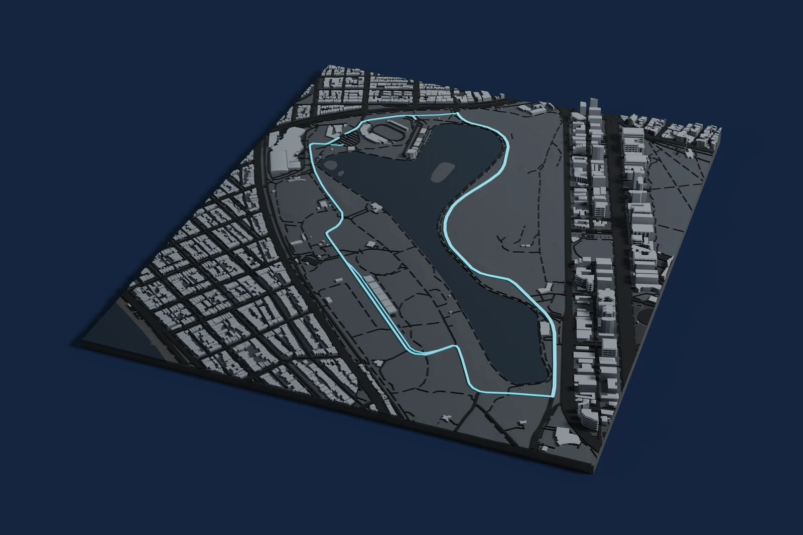 Render of a 3D printed map of Albert Park Circuit, the track in cyan on a dark grey model of the land and buildings around it.