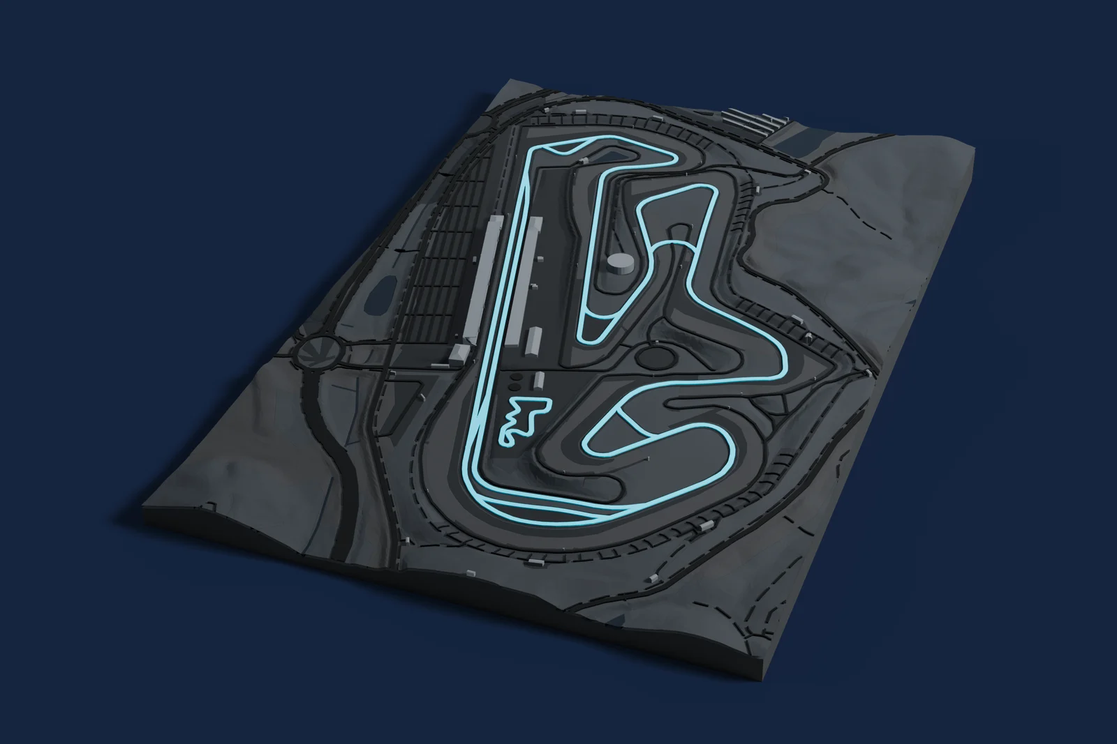 Render of a 3D printed map of Algarve International Circuit, the track in cyan on a dark grey model of the land and buildings around it.