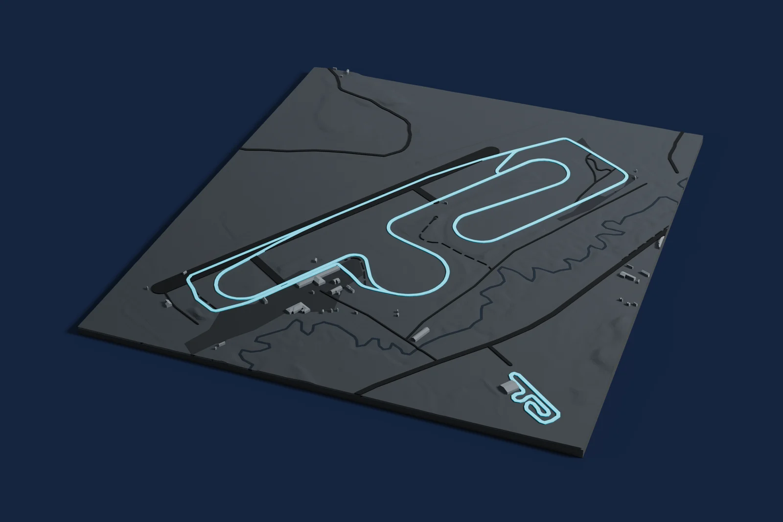 Render of a 3D printed map of Anderstorp Raceway, the track in cyan on a dark grey model of the land and buildings around it.