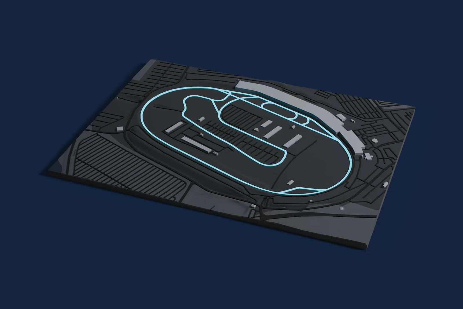Render of a 3D printed map of Atlanta Motor Speedway, the track in cyan on a dark grey model of the land and buildings around it.