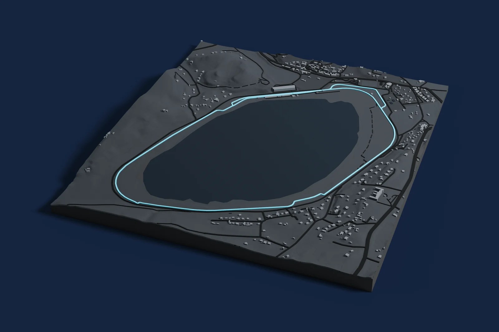 Render of a 3D printed map of Autodromo di Pergusa, the track in cyan on a dark grey model of the land and buildings around it.