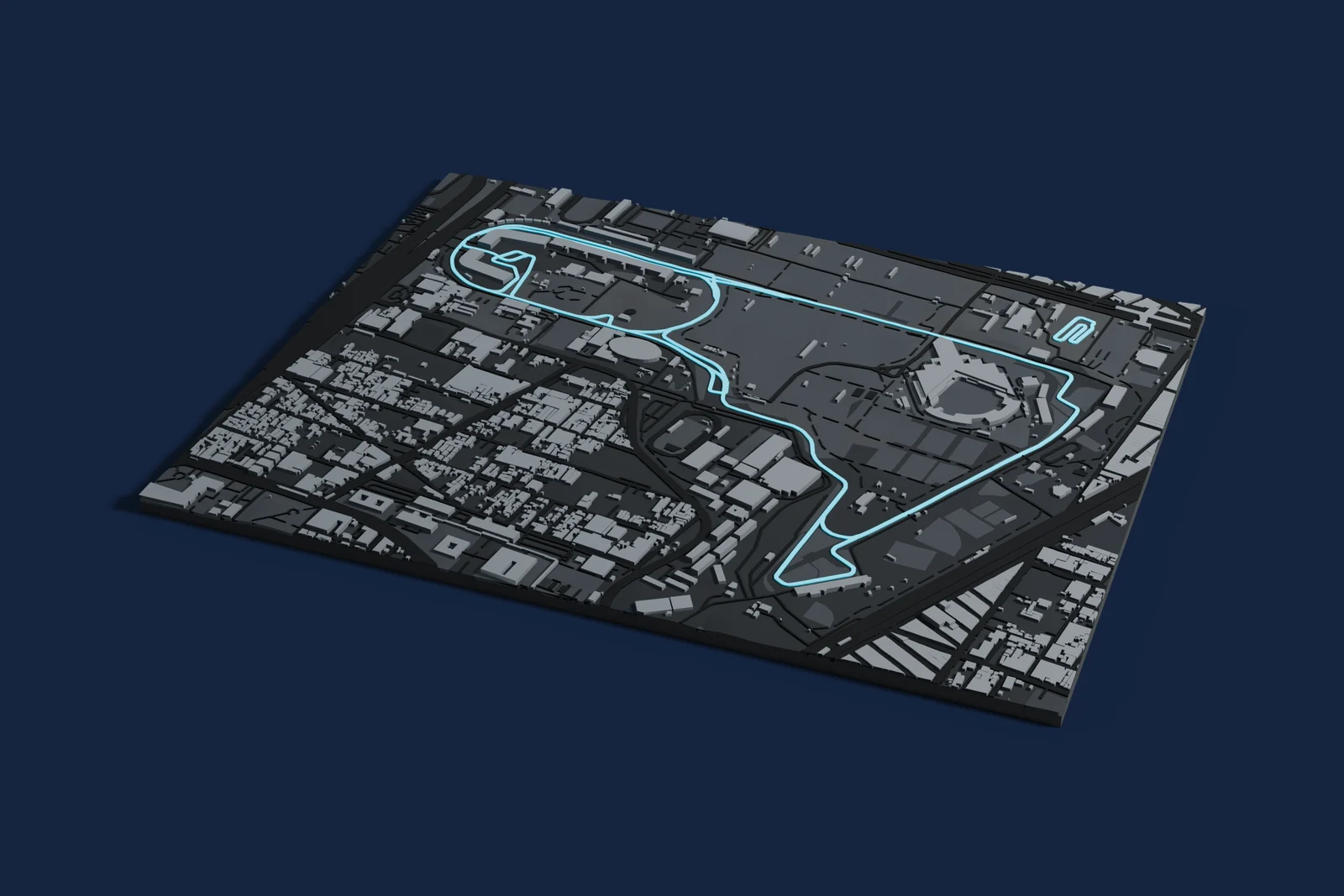 Render of a 3D printed map of Autódromo Hermanos Rodríguez, the track in cyan on a dark grey model of the land and buildings around it.