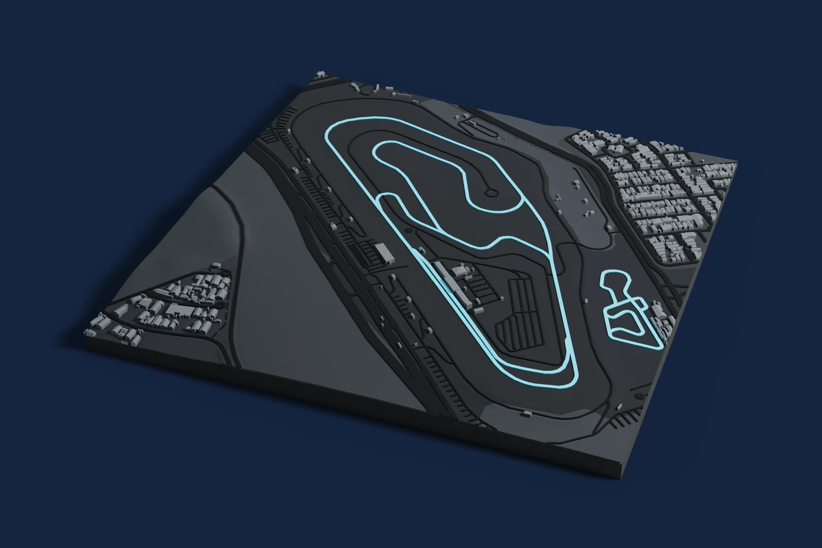 Render of a 3D printed map of Autódromo Internacional Ayrton Senna, the track in cyan on a dark grey model of the land and buildings around it.