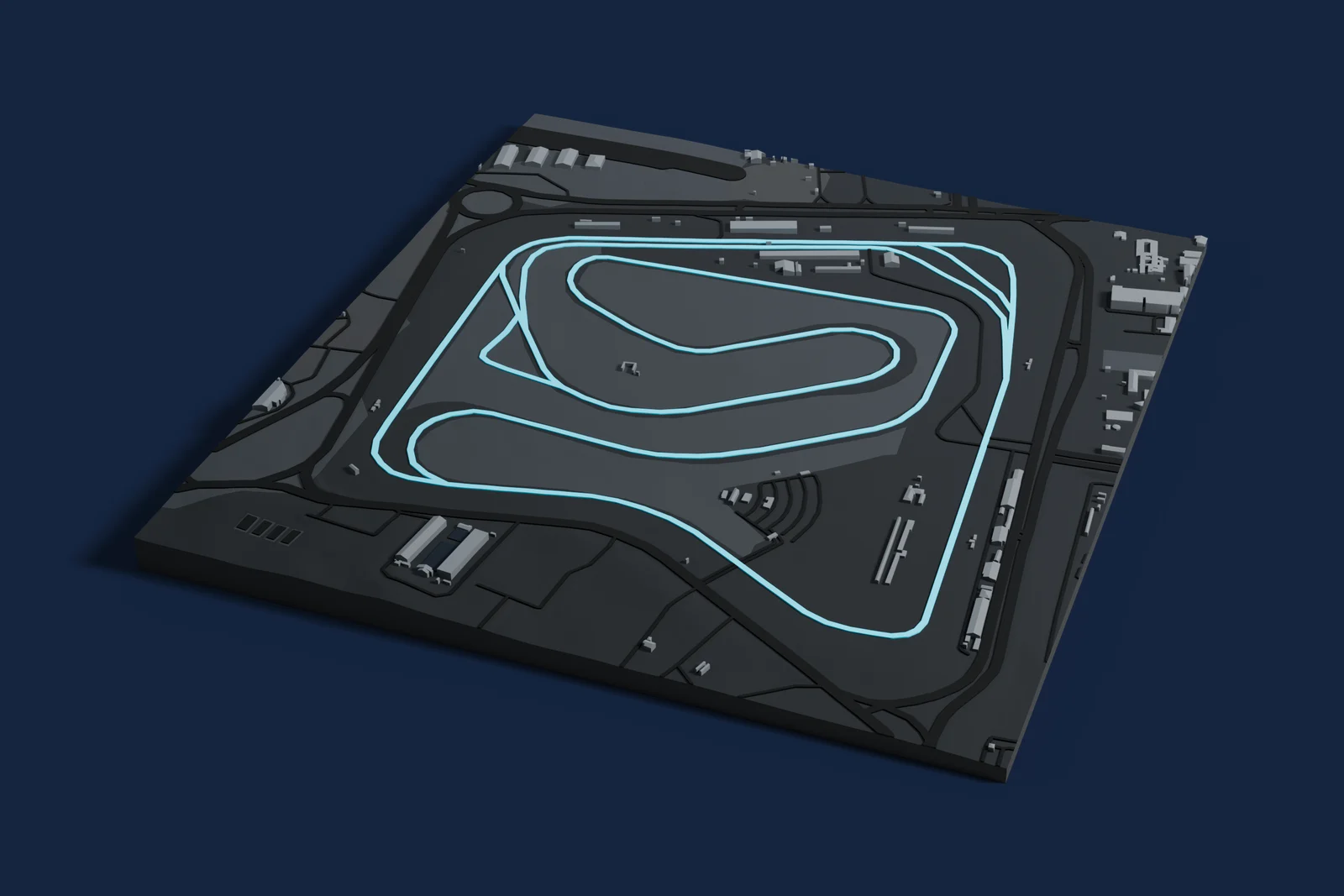 Render of a 3D printed map of Autódromo Internacional de Brasília, the track in cyan on a dark grey model of the land and buildings around it.