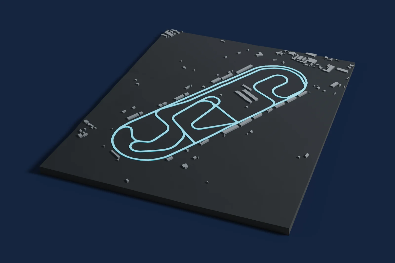 Render of a 3D printed map of Autódromo Miguel E. Abed, the track in cyan on a dark grey model of the land and buildings around it.