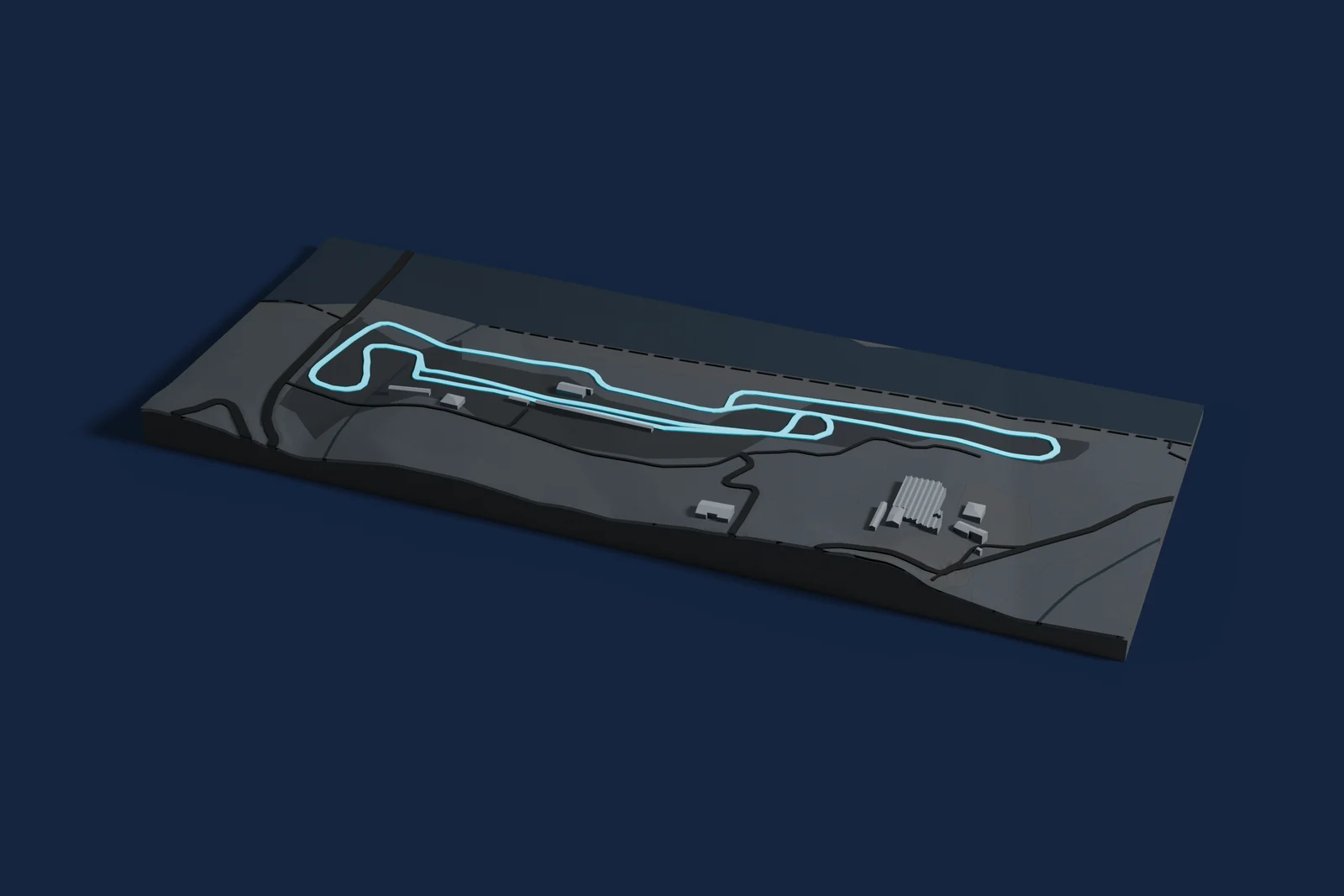Render of a 3D printed map of Autodromo Riccardo Paletti, the track in cyan on a dark grey model of the land and buildings around it.