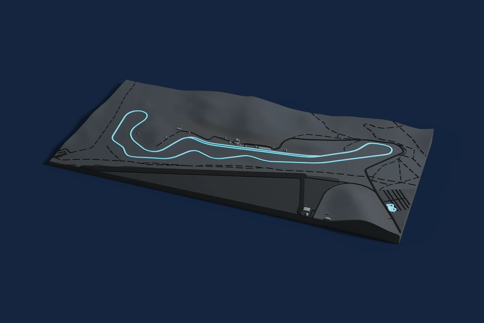 Render of a 3D printed map of Automotodrom Grobnik, the track in cyan on a dark grey model of the land and buildings around it.