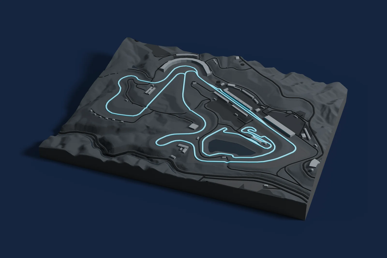 Render of a 3D printed map of Autopolis, the track in cyan on a dark grey model of the land and buildings around it.