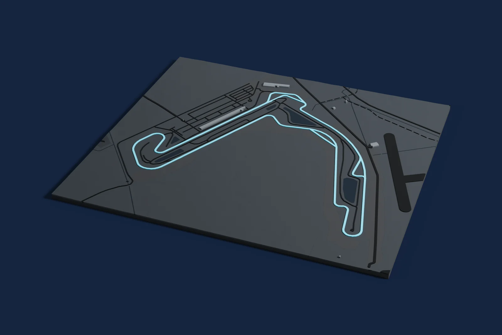 Render of a 3D printed map of Balaton Park Circuit, the track in cyan on a dark grey model of the land and buildings around it.
